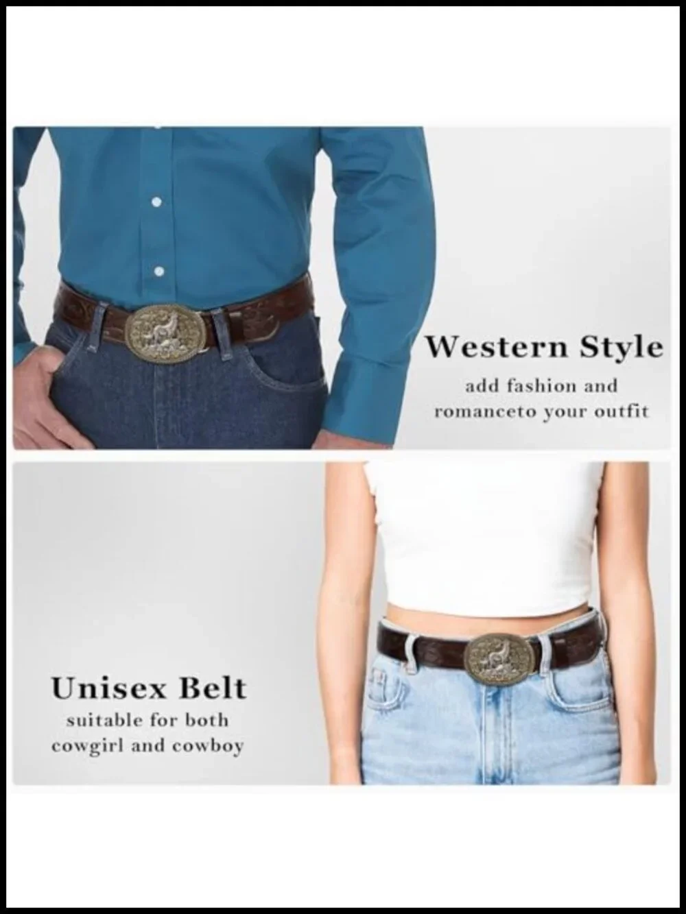 Western Cowboy Belt with Detachable Buckle - Genuine Leather